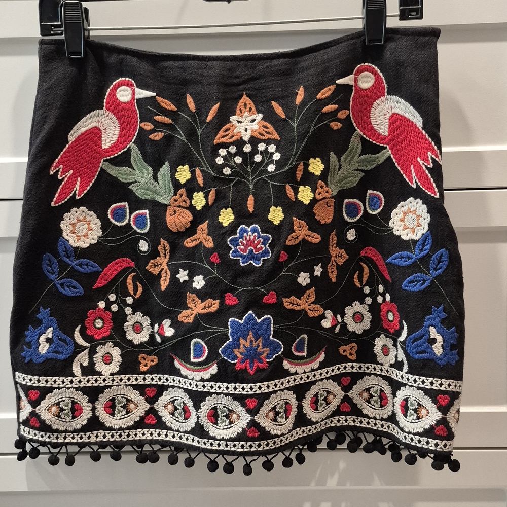 Embroidered Black Skirt with Colorful Floral Design. Size S